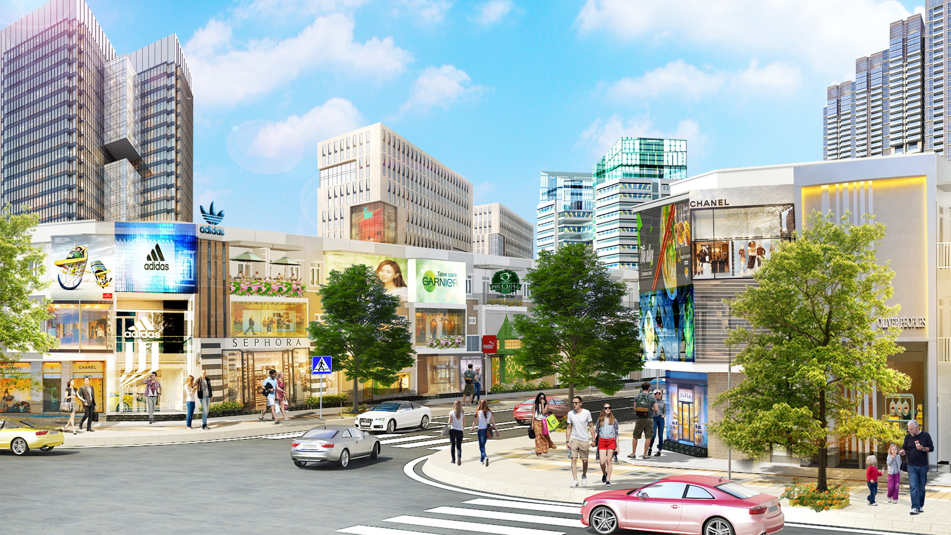 Phối cảnh đường dạo bộ và khu trung tâm thương mại tại khu dân cư Central Mall Long Thành