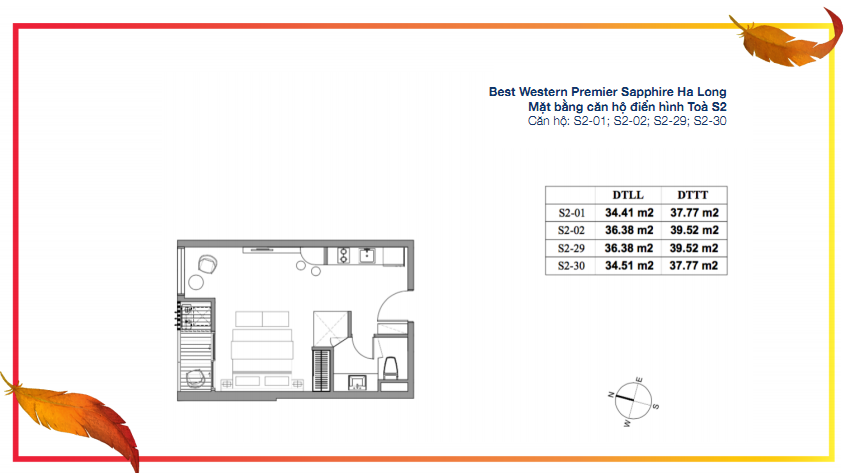 Mặt bằng căn hộ studio điển hình (căn S2-01, S2-02, S2-29, S2-30) tòa S2 của dự án Best Western Premier Sapphire Ha Long