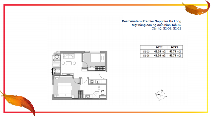 Mặt bằng căn hộ junior suite điển hình (căn S2-03, S2-28) tòa S2 của dự án Best Western Premier Sapphire Ha Long
