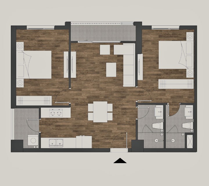 Mặt bằng căn condotel 2 phòng ngủ Golden Lotus Suite rộng 69,04m2 tại Mandala Luxury Apartment