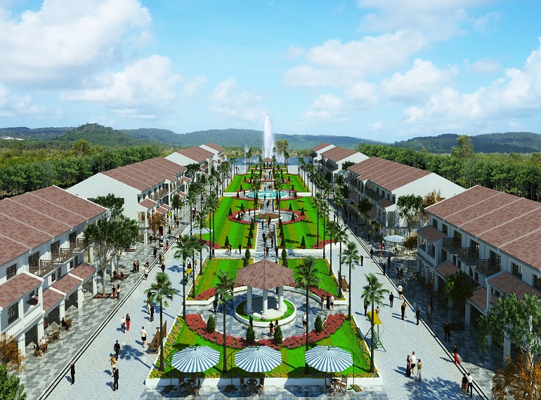 Phối cảnh tuyến phố đi bộ Sonasea Shopping Center trong tổ hợp dự án Sonasea Villas & Resort