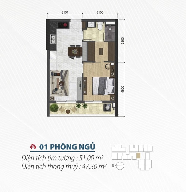 Thiết kế chi tiết căn hộ 1 phòng ngủ tại dự án Saigon Asiana