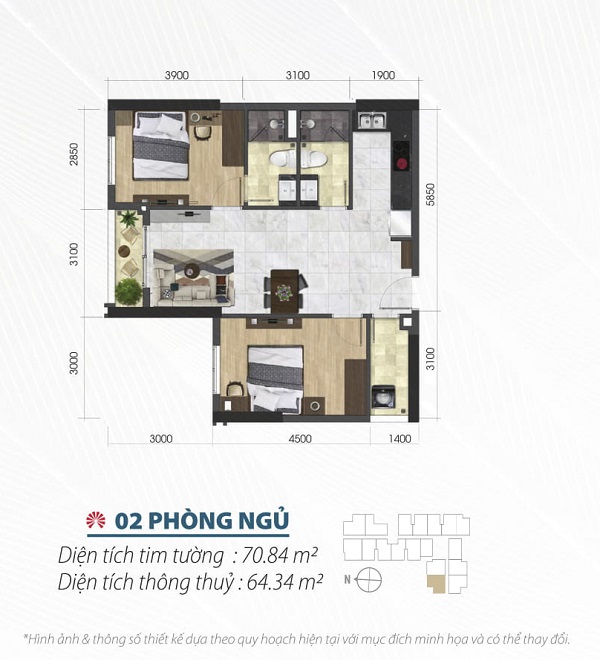 Thiết kế chi tiết căn hộ 2 phòng ngủ tại dự án Saigon Asiana