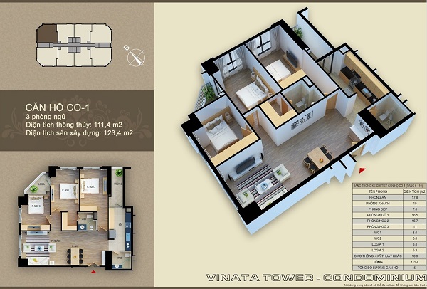 Thiết kế chi tiết căn hộ 3 phòng ngủ dự án Vinata Tower