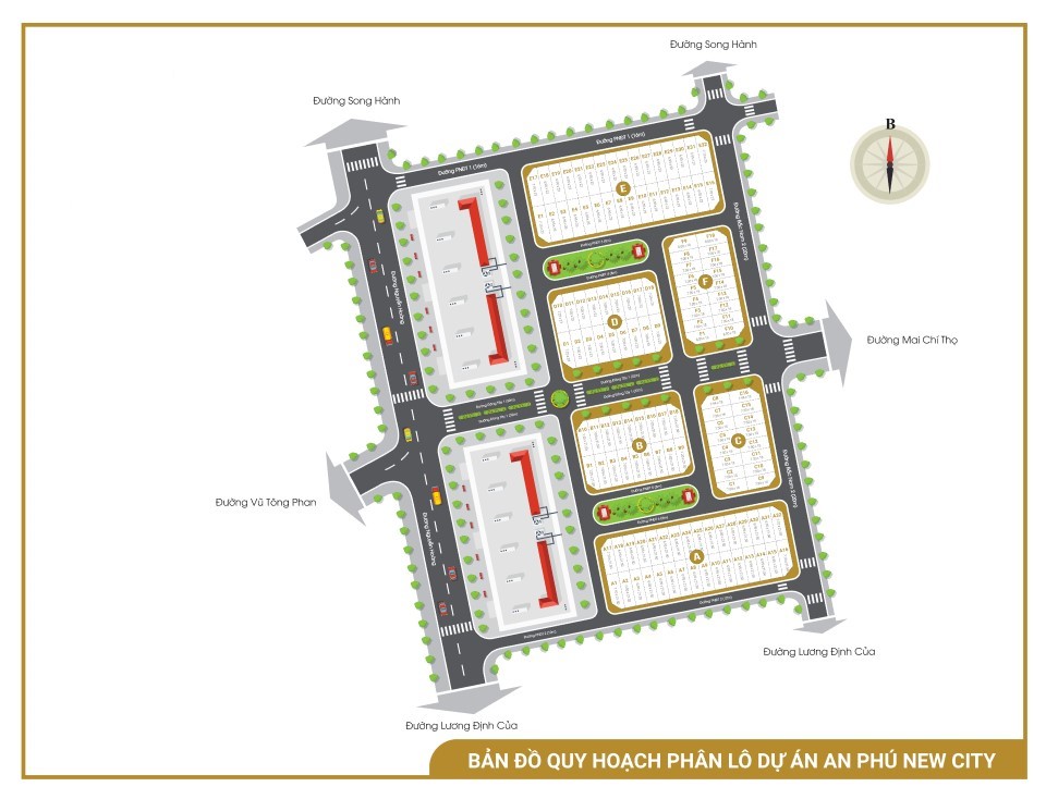 Mặt bằng phân lô các căn nhà phố thương mại tại dự án An Phú New City gồm 6 block (A,B,C,D,E,F)