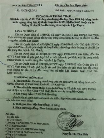 trúng thầu, Vĩnh Phúc, năng lực nhà thầu, chủ đầu tư