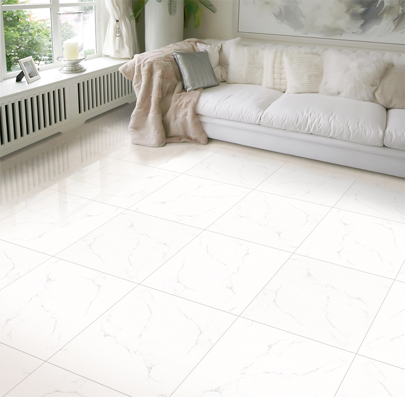 Gạch giả vân đá marble trắng sử dụng lát sàn phòng khách