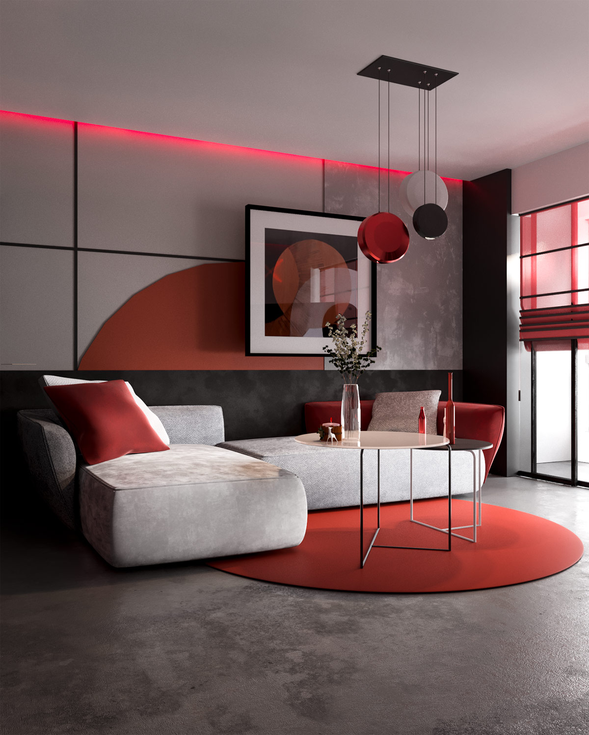 Căn hộ hiện đại với nội thất đỏ xám phong cách Nhật Bản