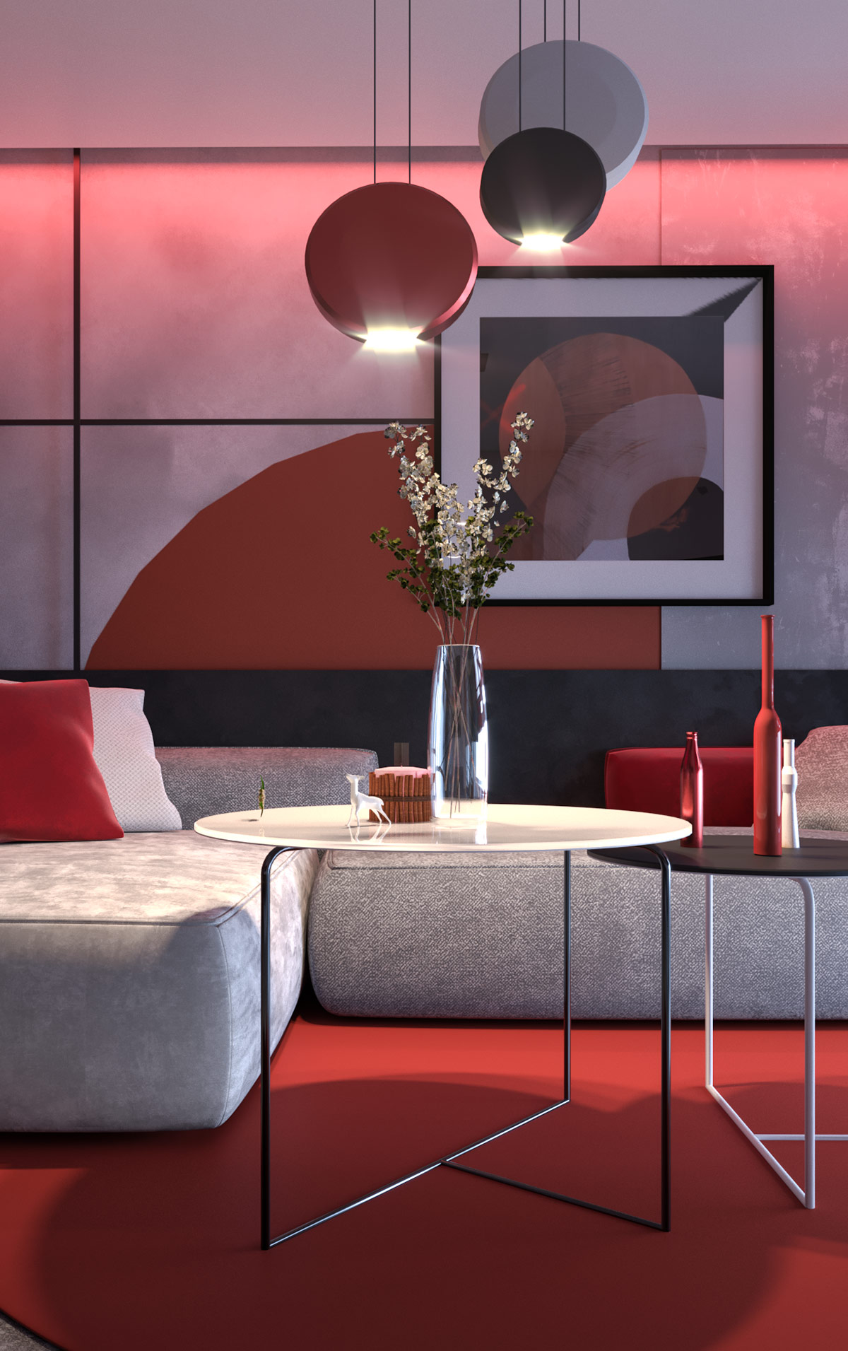 Căn hộ hiện đại với nội thất đỏ xám phong cách Nhật Bản