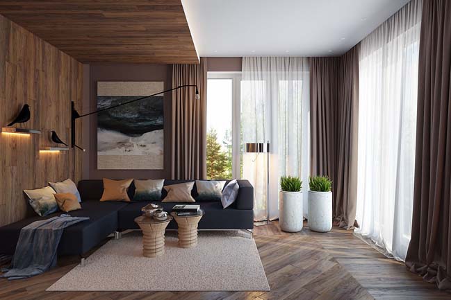 Phòng khách với thiết kế gỗ ôm trọn mảng tường và một góc trần nhà thể hiện sự giản dị, đơn giản nhưng ấm cúng.