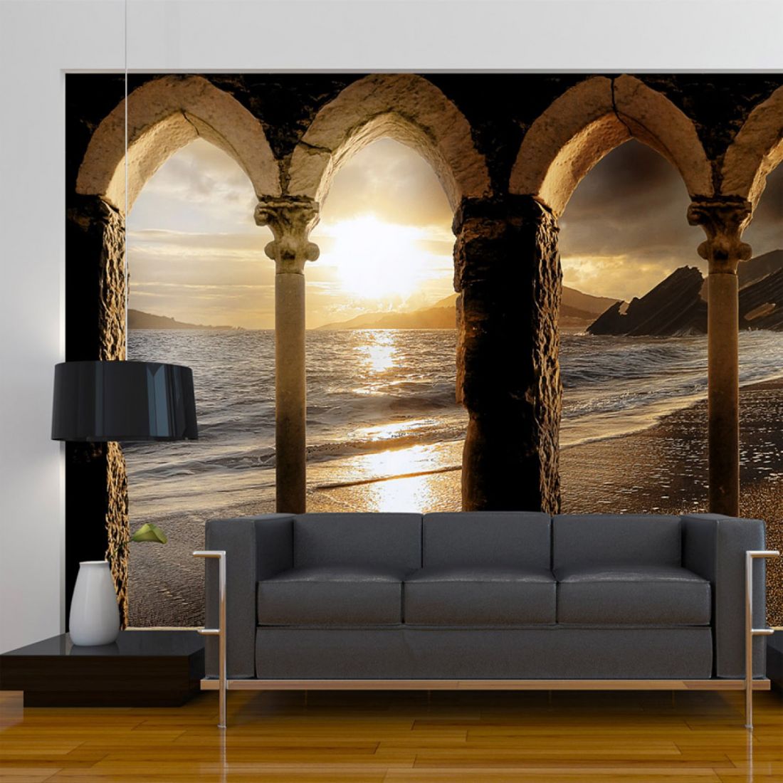 Giấy dán tường tranh 3D cảnh hoàng hôn trên biển với kiến trúc lâu đài cổ.