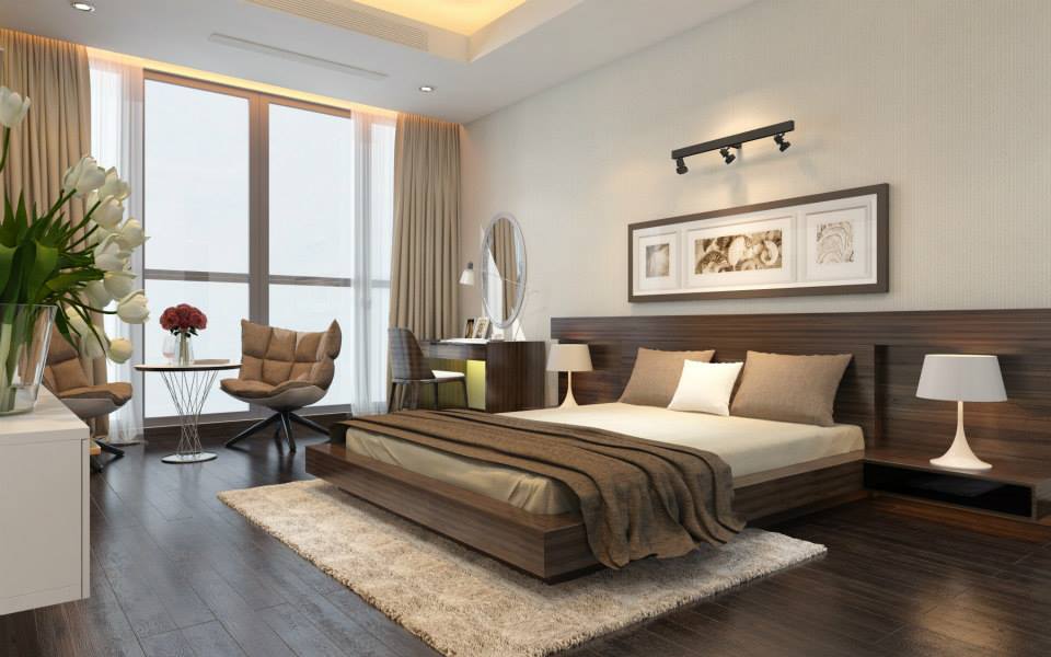 Phòng ngủ được thiết kế nội thất gỗ nâu với những đường nét nhã nhặn, mềm mại mang lại không gian sống bình yên, thanh tịnh.