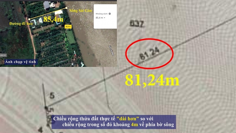 Ảnh chụp vệ tinh chiều rộng thực tế khu đất "dài" hơn dữ liệu sổ đỏ 4m về phía bờ sông.