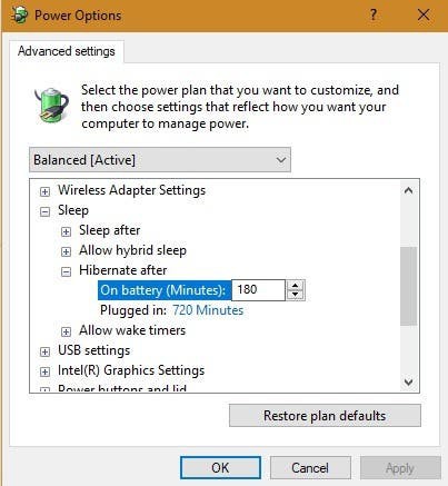 Bạn có thể thay đổi thời gian ngủ đông trong Advanced settings theo đường dẫn Sleep -> Hibernate after với pin có chế độ mặc định là 180 phút và 720 phút khi cắm sạc. Chế độ hybrid sleep cũng có thể được truy cập từ menu này.