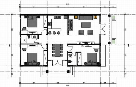 Mẫu 4: Thiết kế nhà cấp 4 đơn giản với ba phòng ngủ được bố trí đồng đều về ba phía của không gian nhà. Các khu vực sinh hoạt chung như phòng khách, phòng ăn, phòng bếp và nhà vệ sinh được thiết kế ở trung tâm cả sảnh chính và sảnh phụ, thuận tiện cho việc lưu thông.