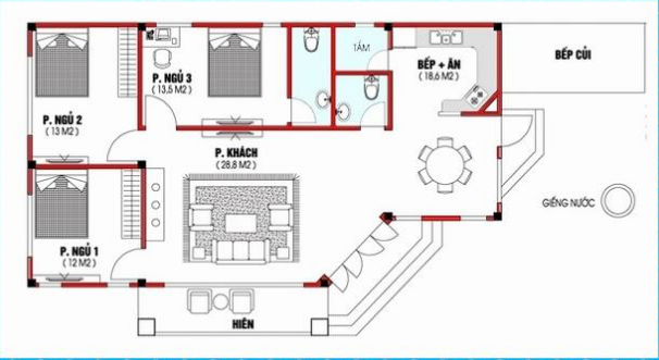 Mẫu 8: Bản vẽ nhà cấp 4 có diện tích 97m2 được bố trí đầy đủ công năng gồm phòng khách, một phòng ngủ lớn, hai phòng ngủ nhỏ, khu vực bếp và hai nhà vệ sinh. Phía bên ngoài được thiết kế riêng dành cho nướng than củi và khu vực giếng trời.