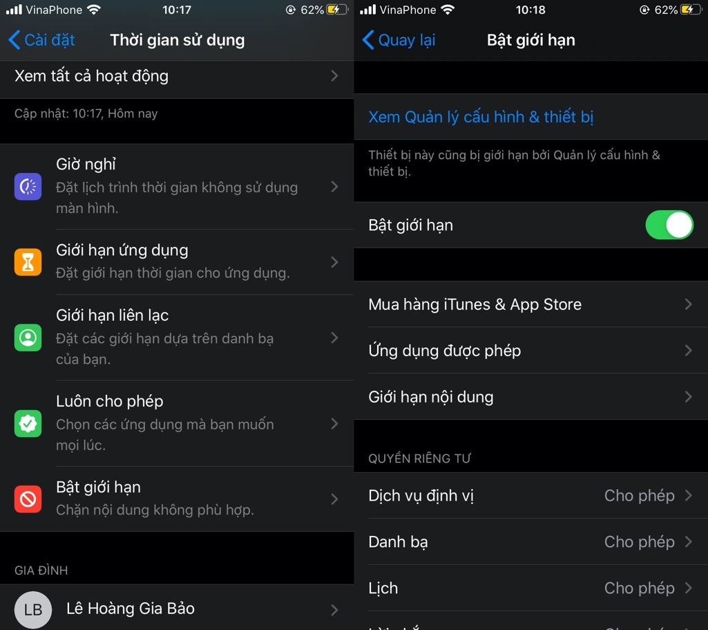 Bước 4: Tiếp theo, bạn bật công tắc Content & Privacy Restrictions (Bật giới hạn), sau đó chọn iTunes & App Store Purchases (Mua hàng iTunes & App Store).