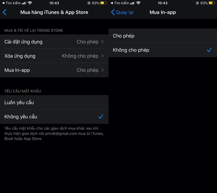 Bước 8: Cũng tại màn hình Store purchases & redownloads (Mua và tải về trong Store), bạn có thể khóa tính năng mua trong ứng dụng bằng cách chọn In-app purchases (Mua In-app) và cũng chọn Don’t allow (Không cho phép).