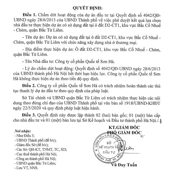 Quyết định chấm dứt hoạt động đầu tư dự án nhà ở thương mại tại ô đất D2-CT1, khu vực Bắc Cổ Nhuế - Chèm, quận Bắc Từ Liêm do Công ty CP quốc tế Sơn Hà làm chủ đầu tư.