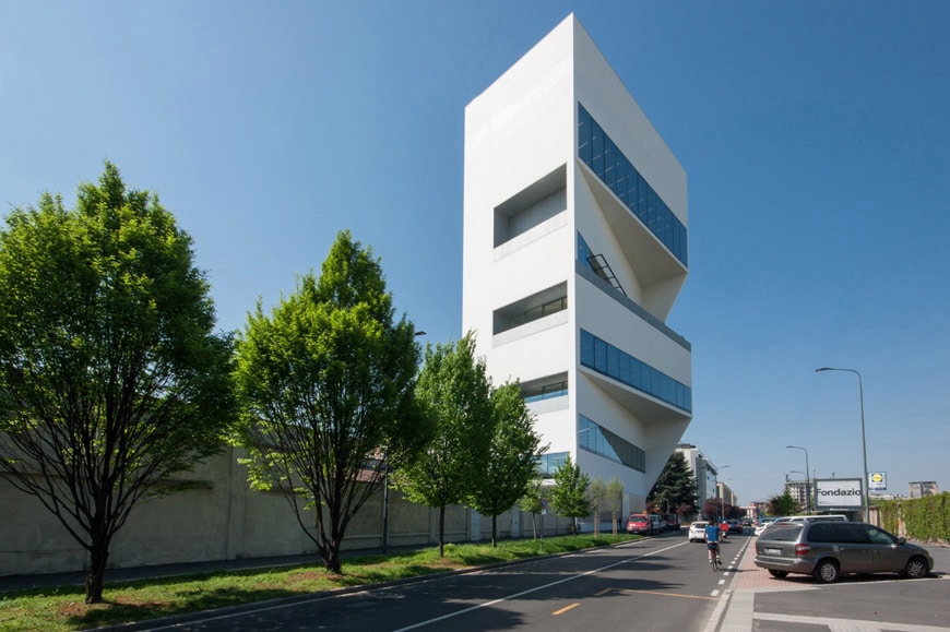 The building has a strange slanted block-shaped facade