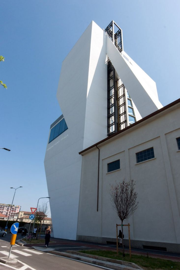 The building has a strange slanted block-shaped facade