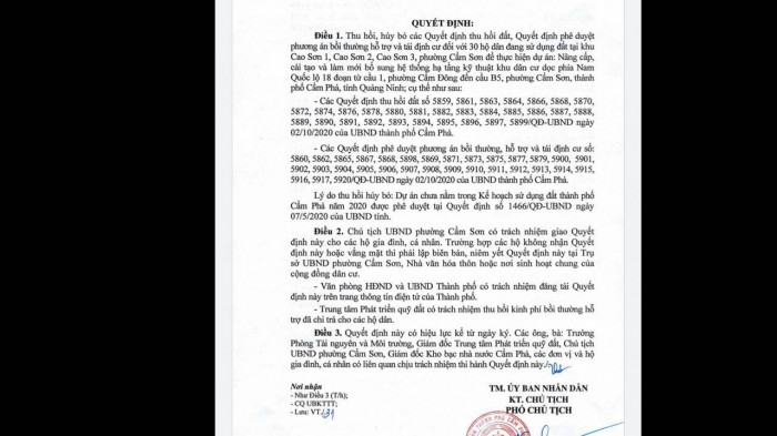 TP Cẩm Phả thu hồi 30 quyết định đền bù vụ