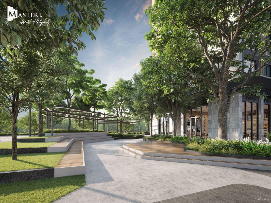 Một khoảng không gian cây xanh do Land Sculptor thiết kế tại Masteri West Heights.