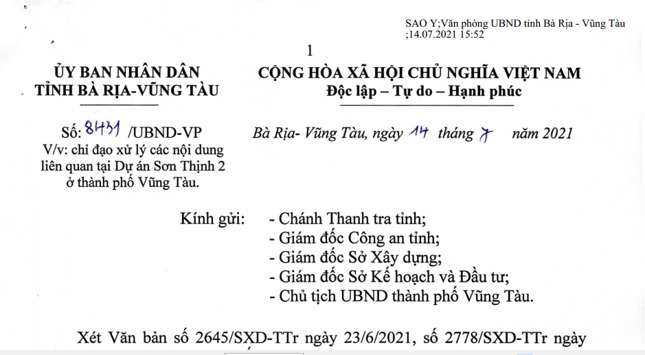 UBND Bà Rịa – Vũng Tàu giao thanh tra, công an xử lý dự án Sơn Thịnh 2 UBND Bà Rịa – Vũng Tàu giao thanh tra, công an xử lý dự án Sơn Thịnh 2