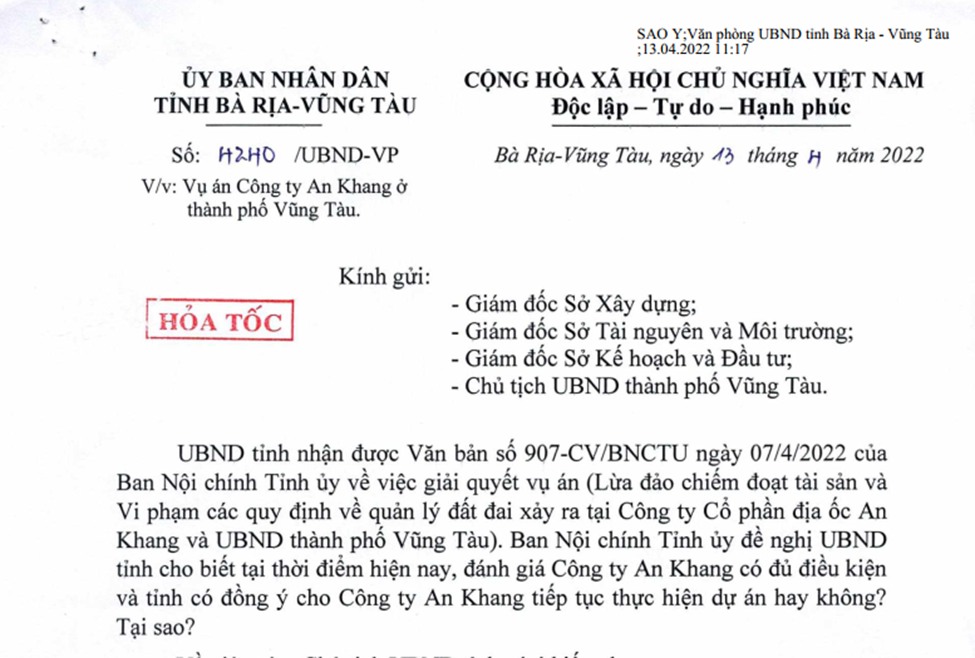 Bà Rịa – Vũng Tàu ra văn bản hỏa tốc xử lý vụ án lừa đảo Công ty địa ốc An Khang