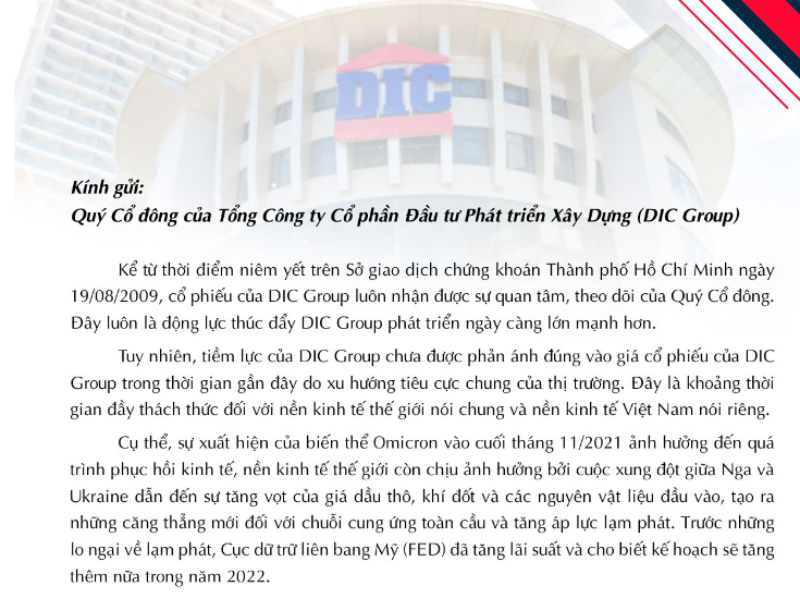 Chủ tịch DIC Corp gửi thư trấn an cổ đông: ‘Tiềm lực của công ty chưa được phản ánh đúng vào giá cổ phiếu’