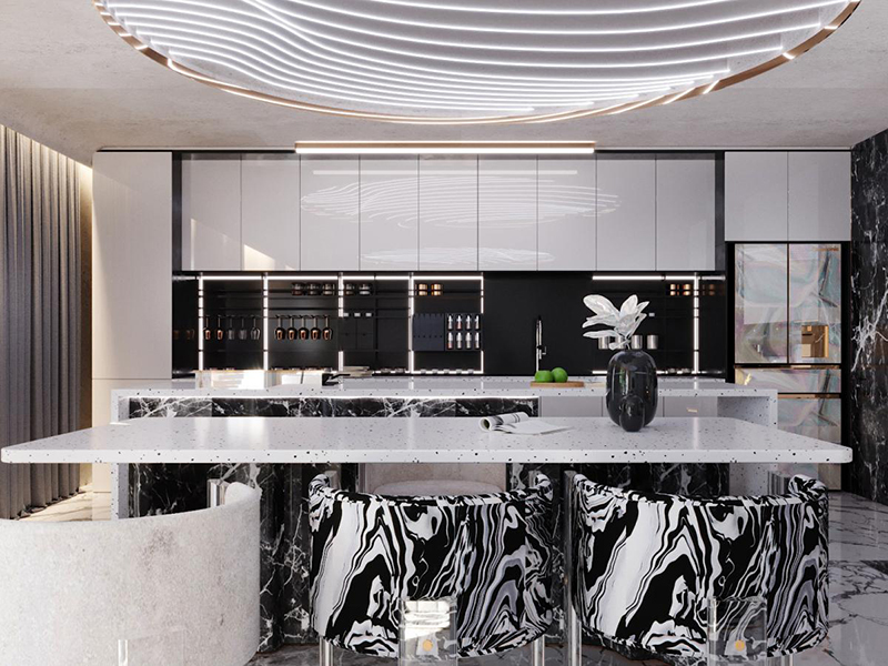 Sử dụng gam màu trắng đen đối lập nhau cho không gian nhà bếp thêm sang trọng và hiện đại, sử dụng đá granite cho bàn ăn và bàn bếp giúp cho việc vệ sinh, lau chùi dễ dàng hơn.