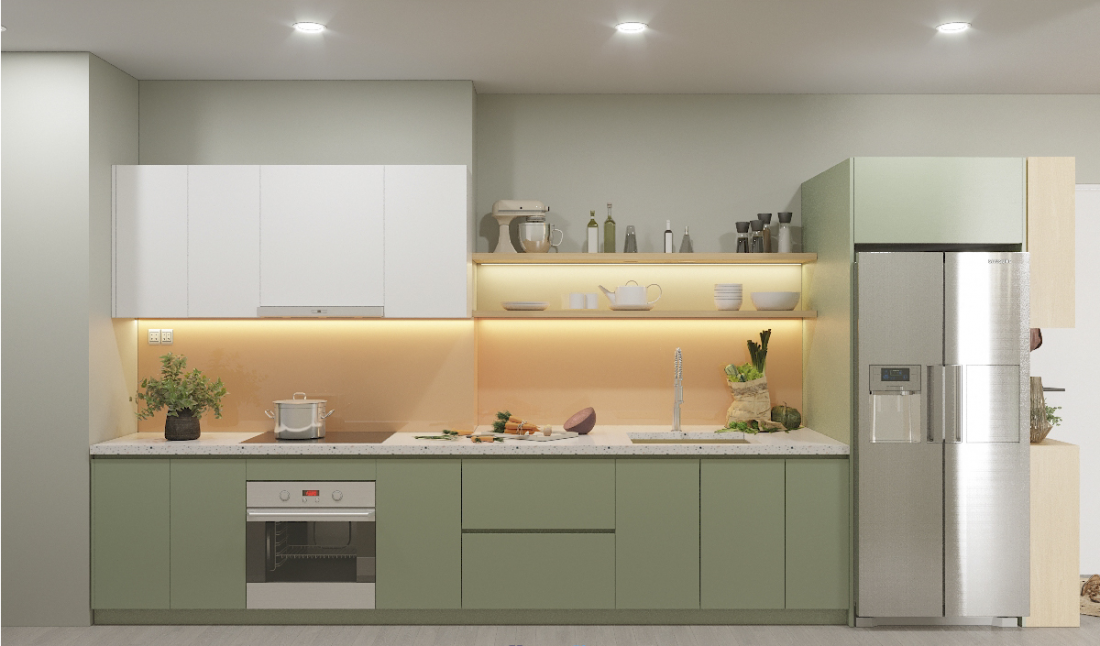 Phòng bếp thiết kế đơn giản với tủ bếp chữ I đơn giản mà tiện lợi nó không quá cầu kỳ nhưng tạo điểm nhấn cho không gian bếp.