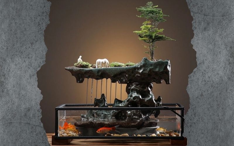 Thác nước kết hợp bể cá thủy sinh vô cùng độc đáo