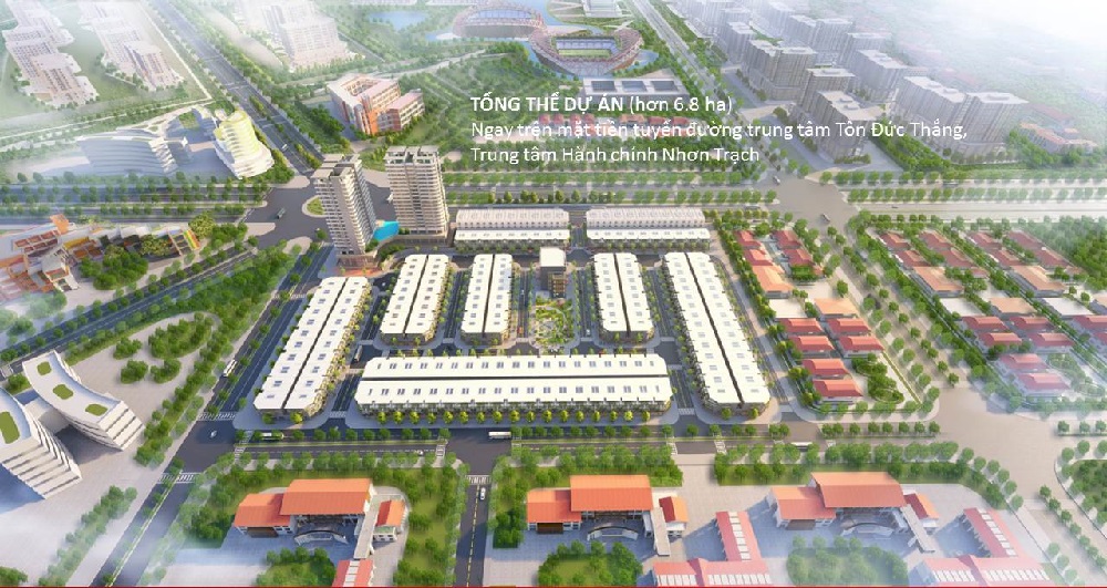 Phối cảnh tổng thể Khu đô thị mới The Centre House với các dãy nhà phố và shophouse