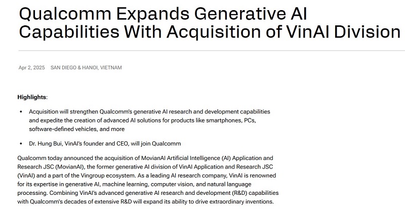 Qualcomm mua công ty trí tuệ nhân tạo của tỷ phú Phạm Nhật Vượng- Ảnh 1.