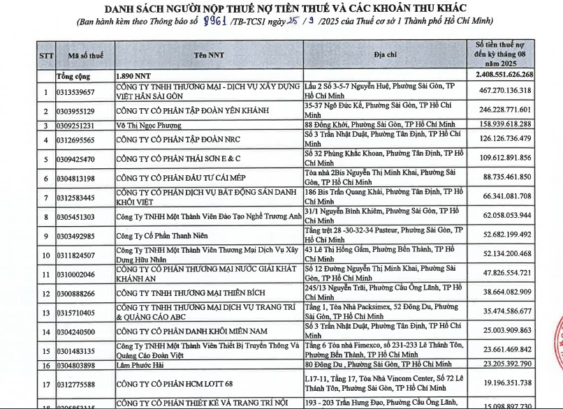 Giữa danh sách các doanh nghiệp nợ thuế ở TP.HCM, một cá nhân nợ gần 160 tỷ đồng- Ảnh 1.