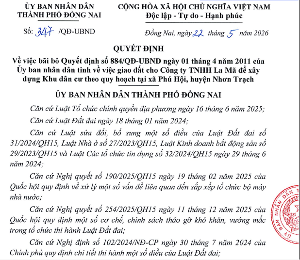 Thu hồi dự án treo 15 năm ở Nhơn Trạch