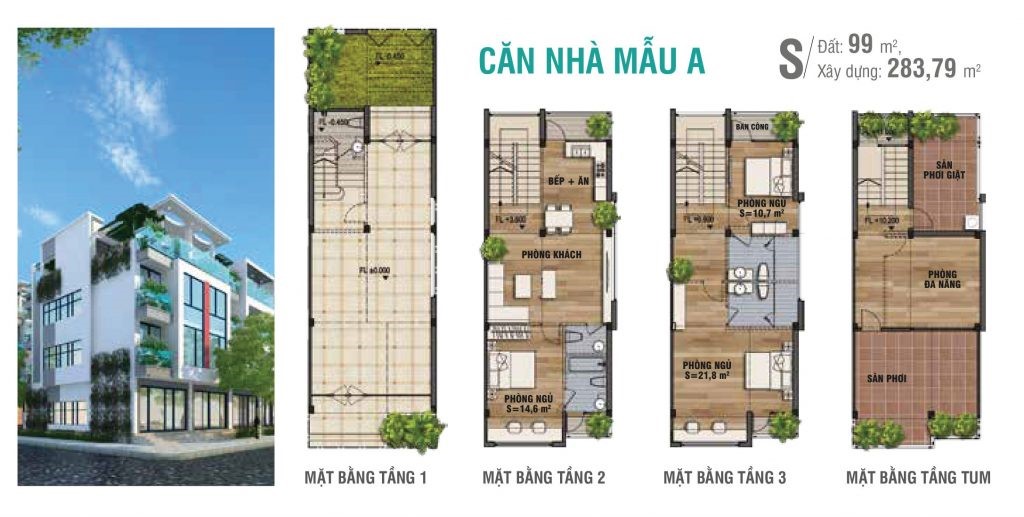Mặt bằng căn nhà mẫu A shophouse đất 99 m² tại Khu đô thị mới Viglacera Yên Phong