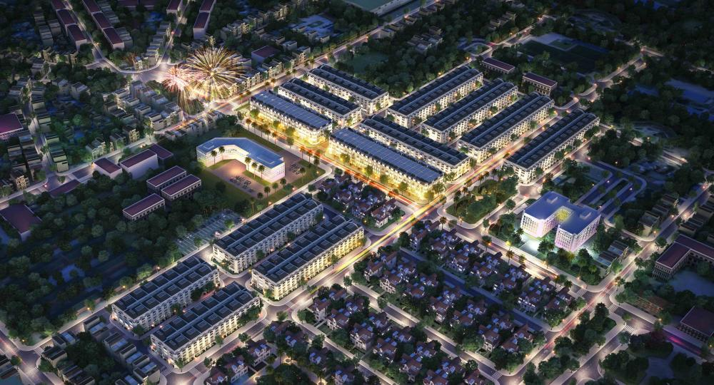Phối cảnh tổng thể Khu đô thị Dệt May Nam Định với dãy nhà phố, shophouse và công viên trung tâm nhìn từ trên cao